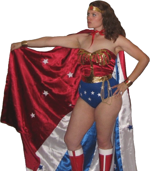 Jessica as Wonder Woman with cape.